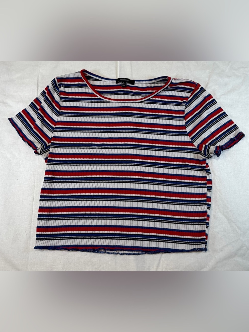 Ambiance Y2K style Striped Ribbed Crop Top in White, Red & Blue